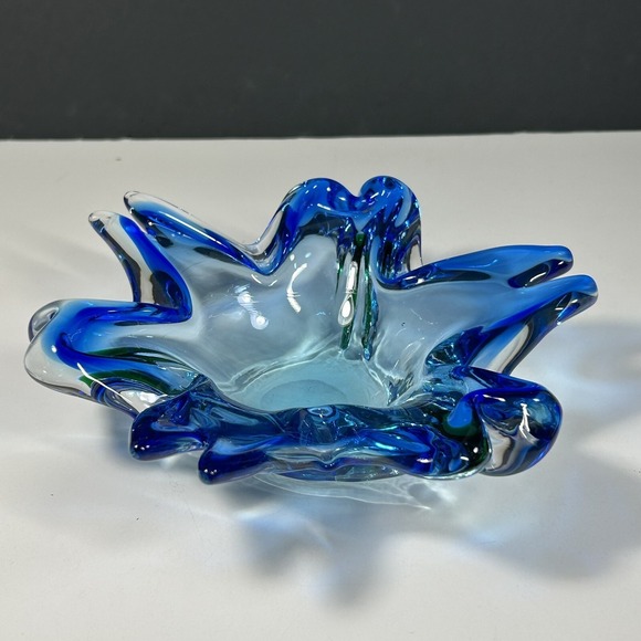 Unmarked Other - Hand-Blown  Style Art Glass Bowl - Blue & Green Wave Design